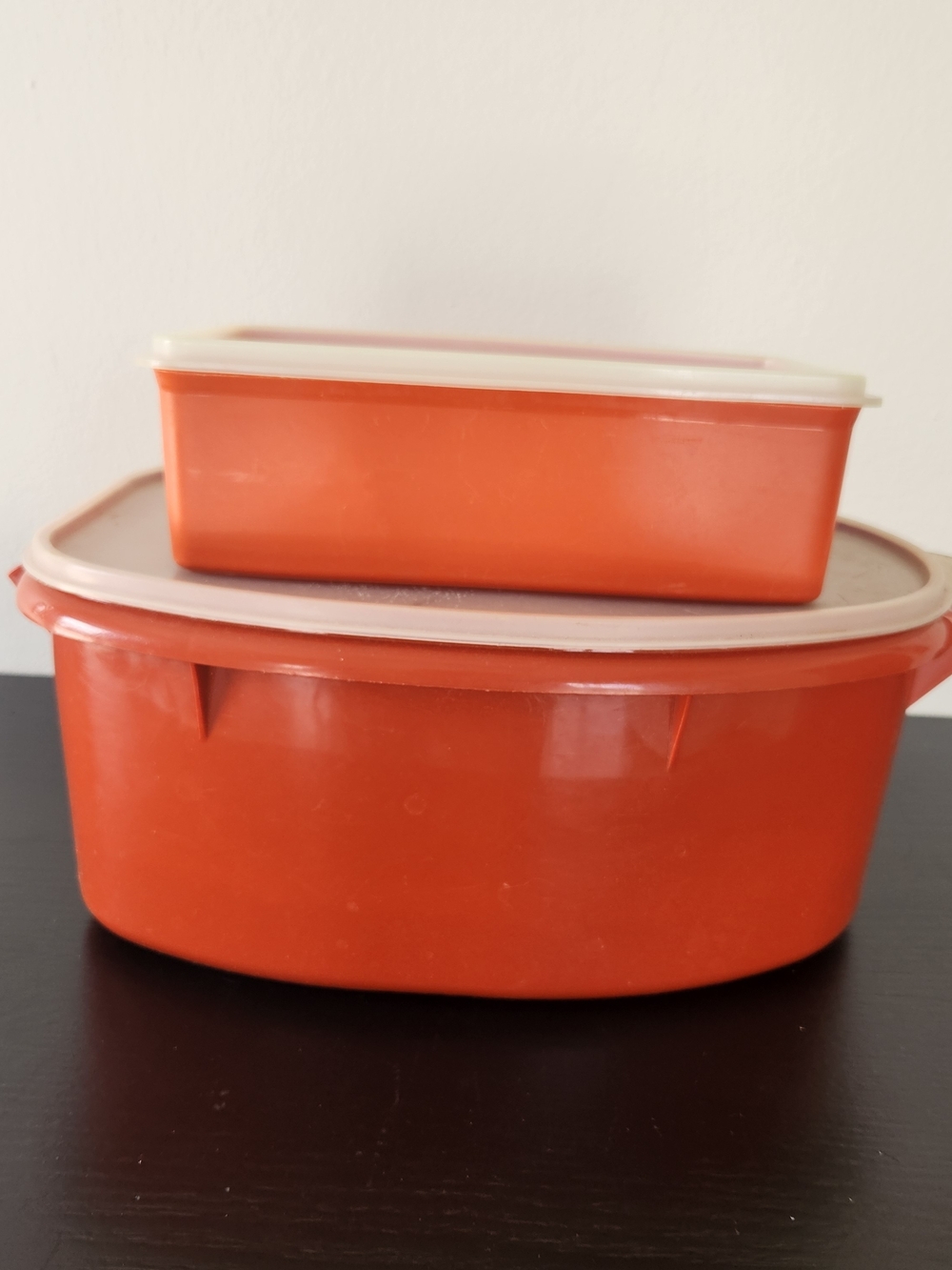 Vintage Tupperware Orange Plastic Food Storage Set with Off-White Lids